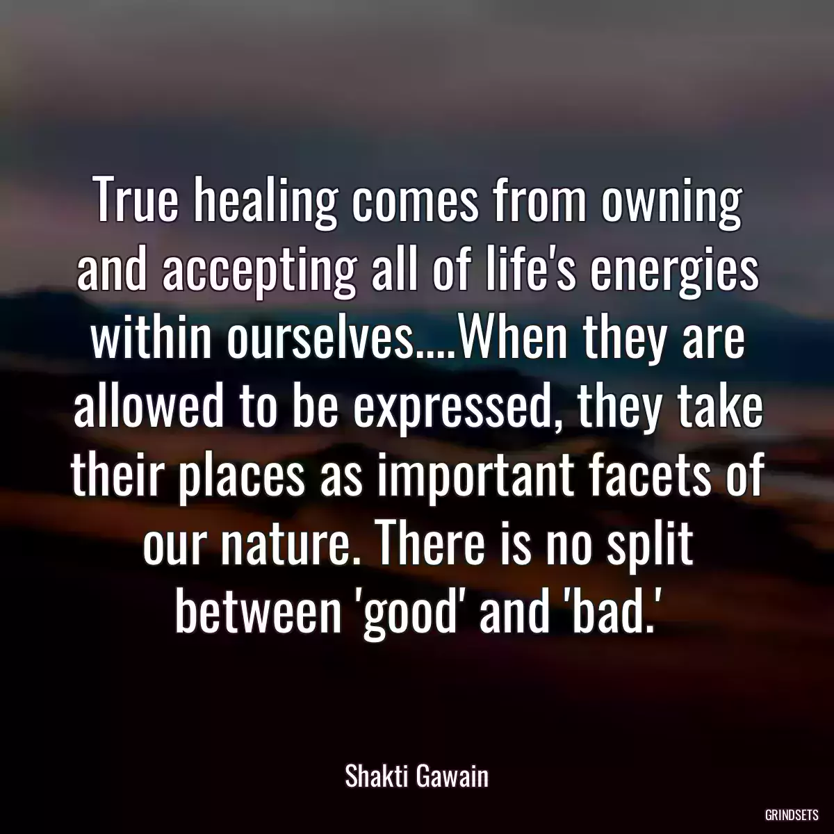 True healing comes from owning and accepting all of life\'s energies within ourselves....When they are allowed to be expressed, they take their places as important facets of our nature. There is no split between \'good\' and \'bad.\'