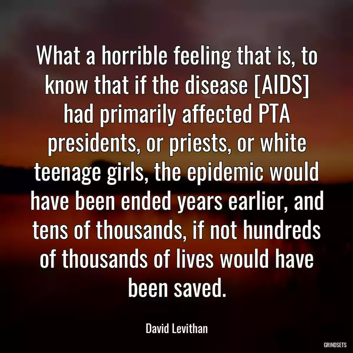 What a horrible feeling that is, to know that if the disease [AIDS] had primarily affected PTA presidents, or priests, or white teenage girls, the epidemic would have been ended years earlier, and tens of thousands, if not hundreds of thousands of lives would have been saved.