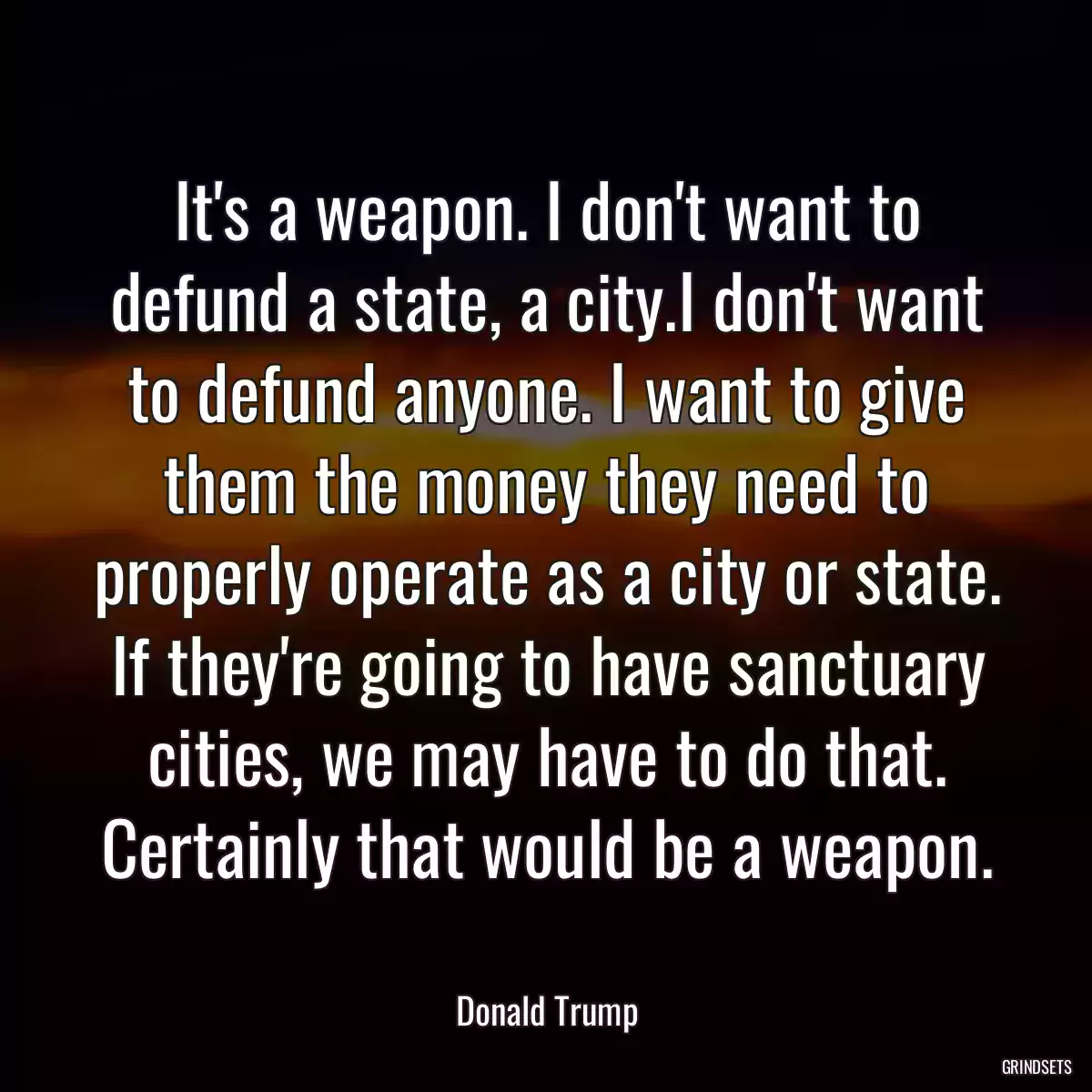 It\'s a weapon. I don\'t want to defund a state, a city.I don\'t want to defund anyone. I want to give them the money they need to properly operate as a city or state. If they\'re going to have sanctuary cities, we may have to do that. Certainly that would be a weapon.