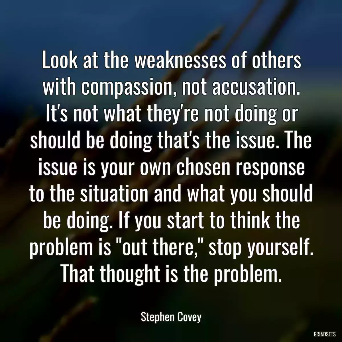 Look at the weaknesses of others with compassion, not accusation. It\'s not what they\'re not doing or should be doing that\'s the issue. The issue is your own chosen response to the situation and what you should be doing. If you start to think the problem is \