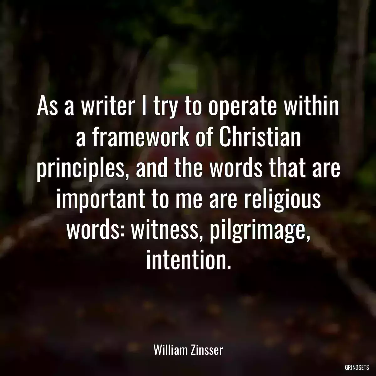 As a writer I try to operate within a framework of Christian principles, and the words that are important to me are religious words: witness, pilgrimage, intention.