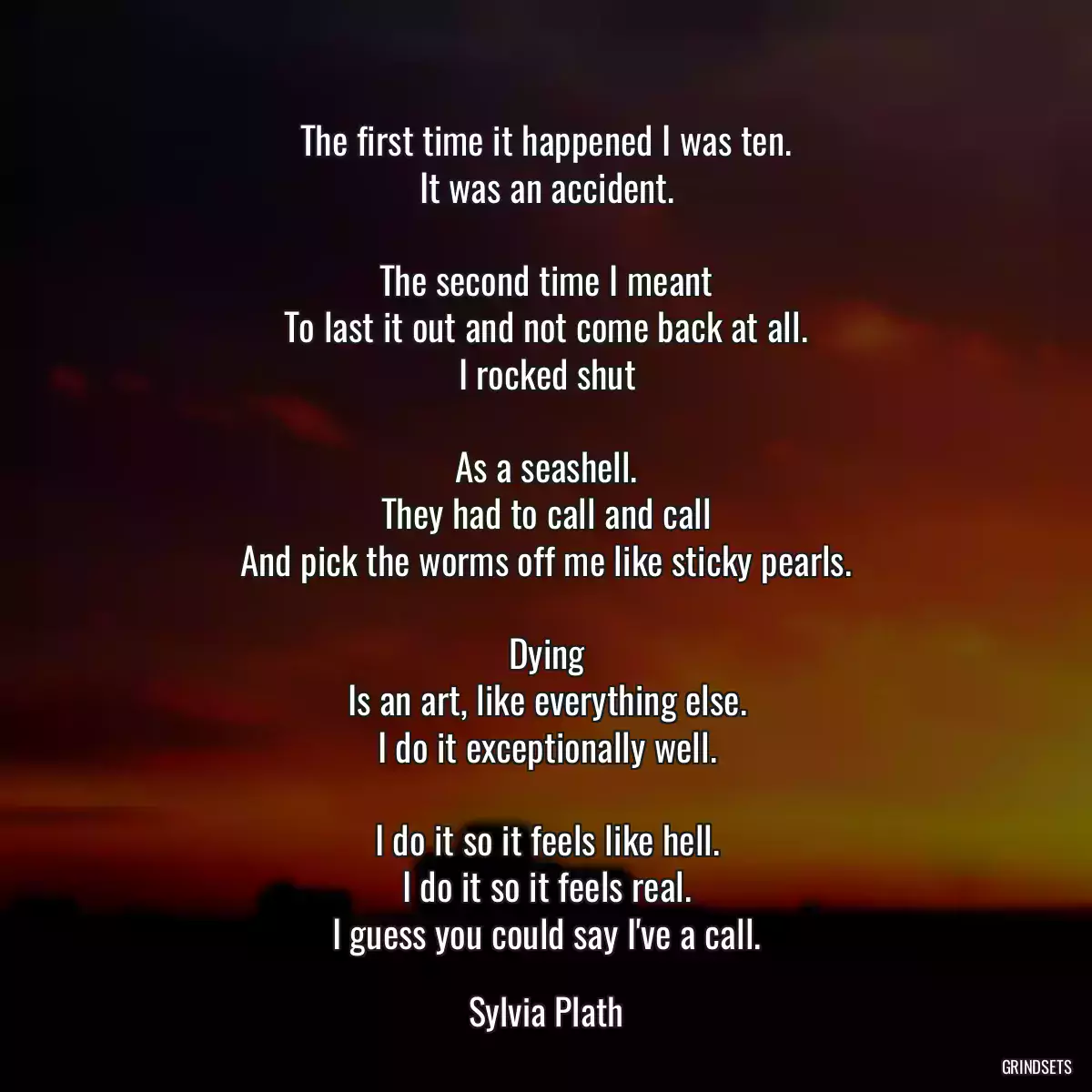 The first time it happened I was ten.
It was an accident.

The second time I meant
To last it out and not come back at all.
I rocked shut

As a seashell.
They had to call and call
And pick the worms off me like sticky pearls.

Dying
Is an art, like everything else.
I do it exceptionally well.

I do it so it feels like hell.
I do it so it feels real.
I guess you could say I\'ve a call.