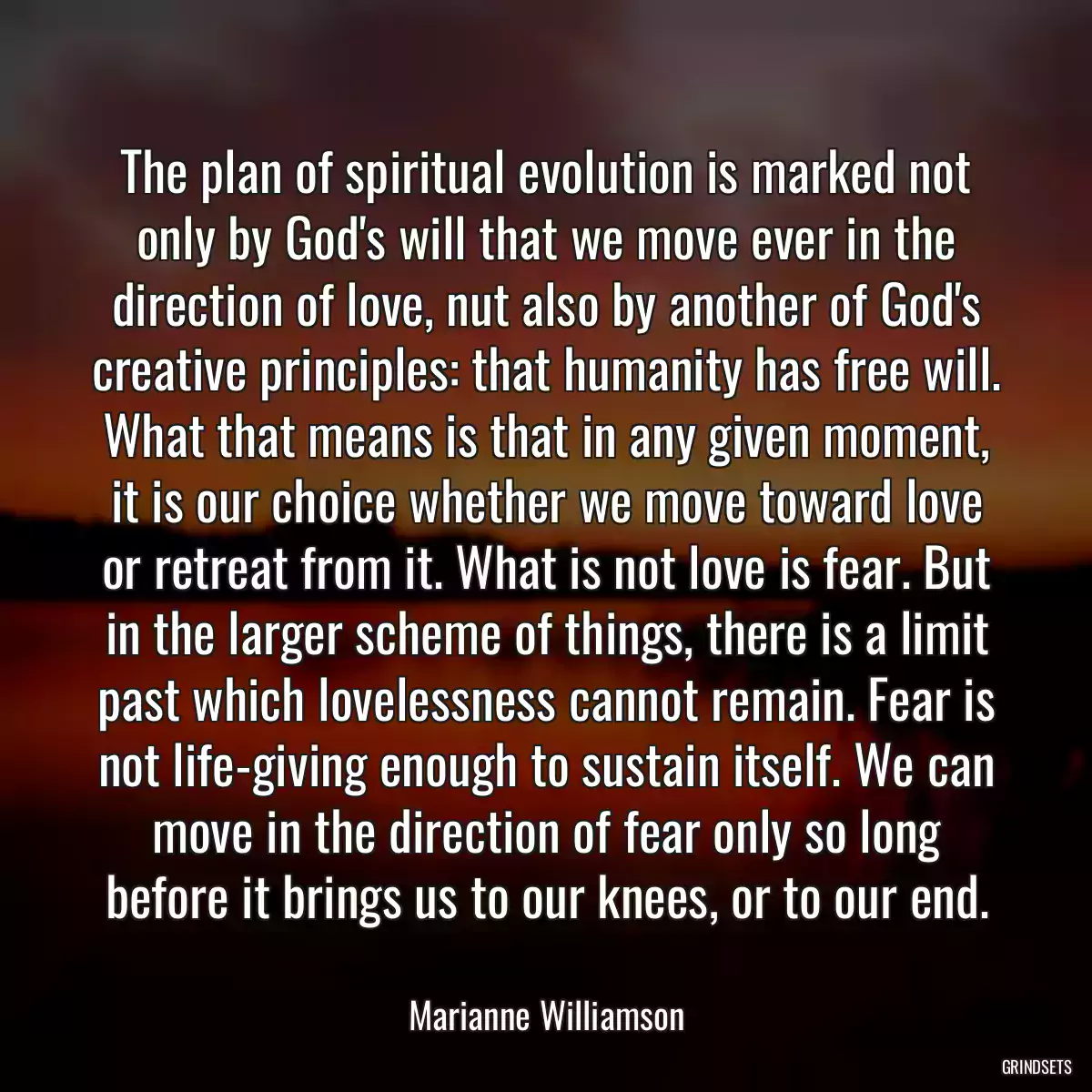 The plan of spiritual evolution is marked not only by God\'s will that we move ever in the direction of love, nut also by another of God\'s creative principles: that humanity has free will. What that means is that in any given moment, it is our choice whether we move toward love or retreat from it. What is not love is fear. But in the larger scheme of things, there is a limit past which lovelessness cannot remain. Fear is not life-giving enough to sustain itself. We can move in the direction of fear only so long before it brings us to our knees, or to our end.