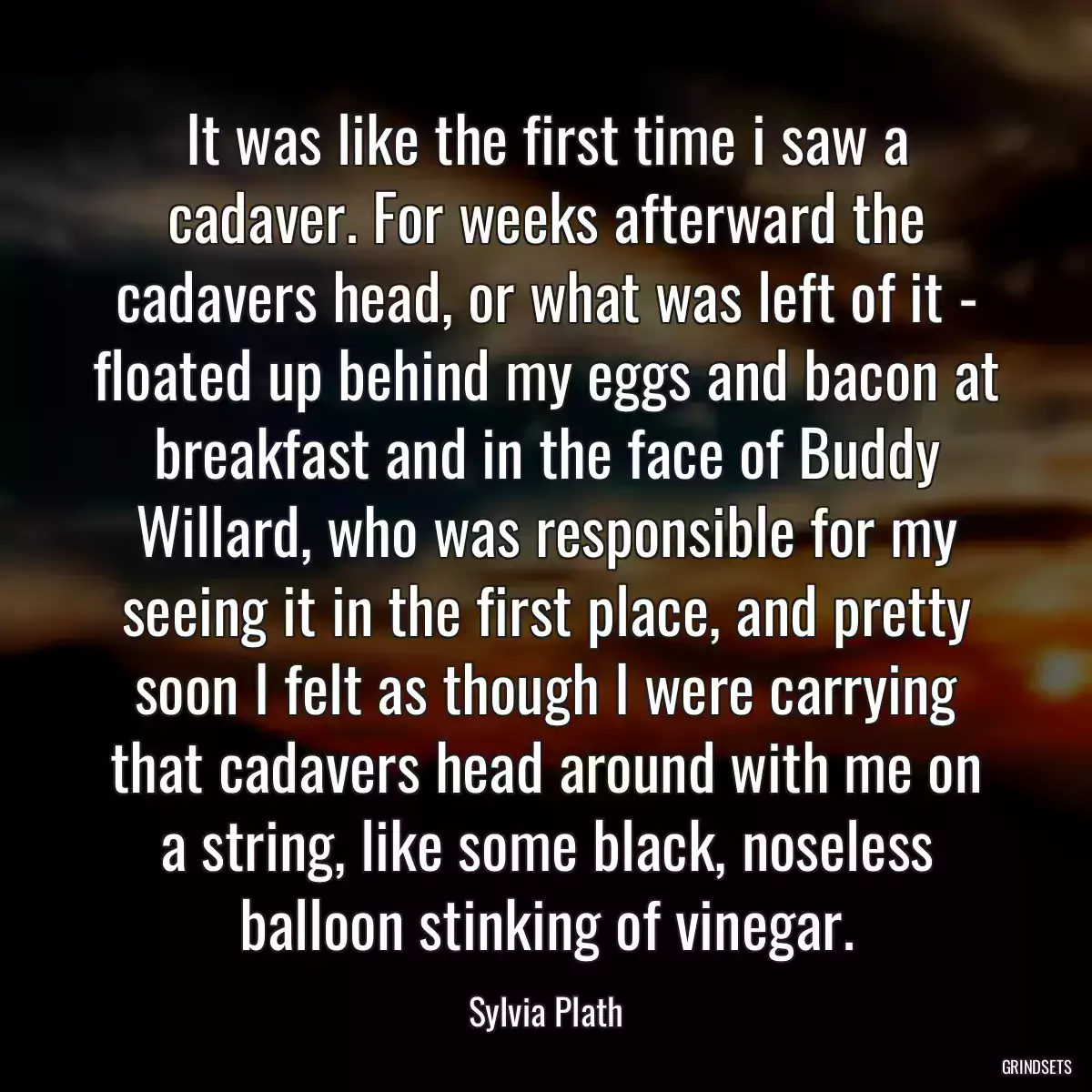 It was like the first time i saw a cadaver. For weeks afterward the cadavers head, or what was left of it - floated up behind my eggs and bacon at breakfast and in the face of Buddy Willard, who was responsible for my seeing it in the first place, and pretty soon I felt as though I were carrying that cadavers head around with me on a string, like some black, noseless balloon stinking of vinegar.