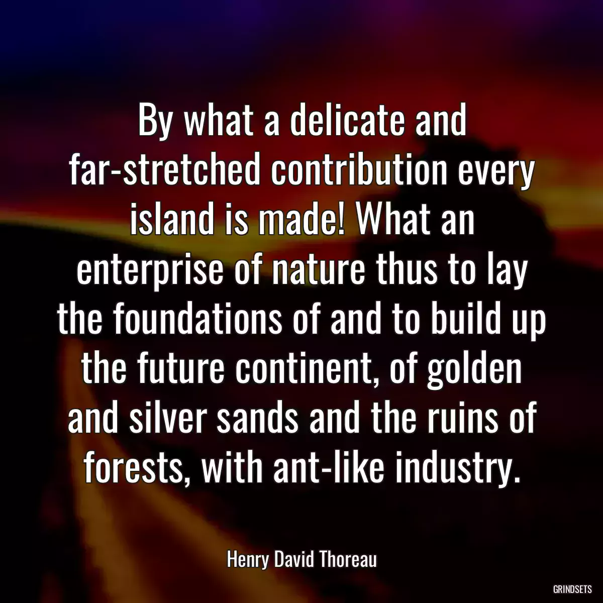 By what a delicate and far-stretched contribution every island is made! What an enterprise of nature thus to lay the foundations of and to build up the future continent, of golden and silver sands and the ruins of forests, with ant-like industry.