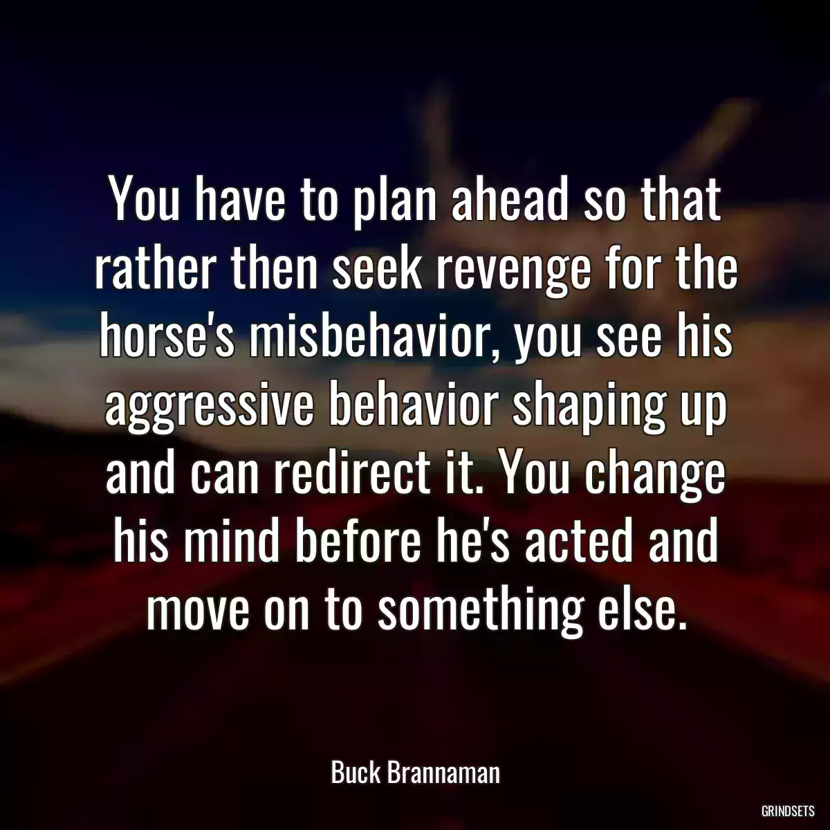 You have to plan ahead so that rather then seek revenge for the horse\'s misbehavior, you see his aggressive behavior shaping up and can redirect it. You change his mind before he\'s acted and move on to something else.