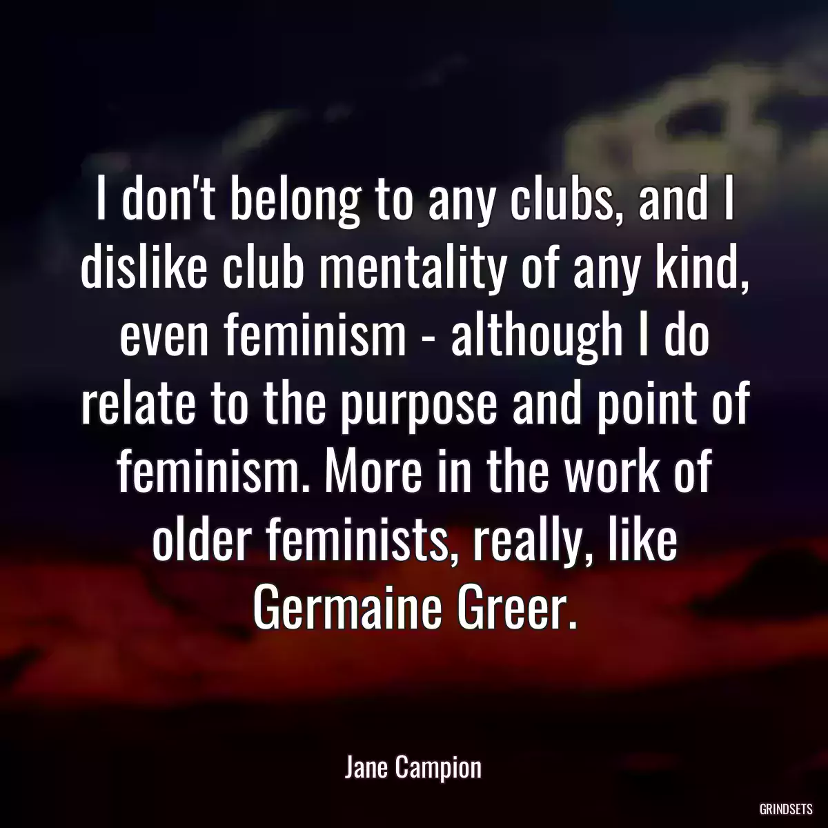 I don\'t belong to any clubs, and I dislike club mentality of any kind, even feminism - although I do relate to the purpose and point of feminism. More in the work of older feminists, really, like Germaine Greer.