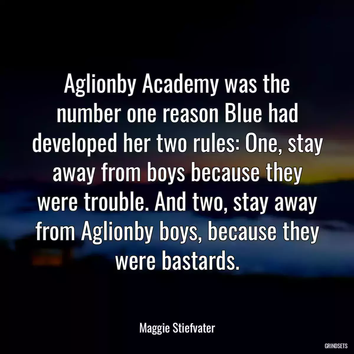 Aglionby Academy was the number one reason Blue had developed her two rules: One, stay away from boys because they were trouble. And two, stay away from Aglionby boys, because they were bastards.