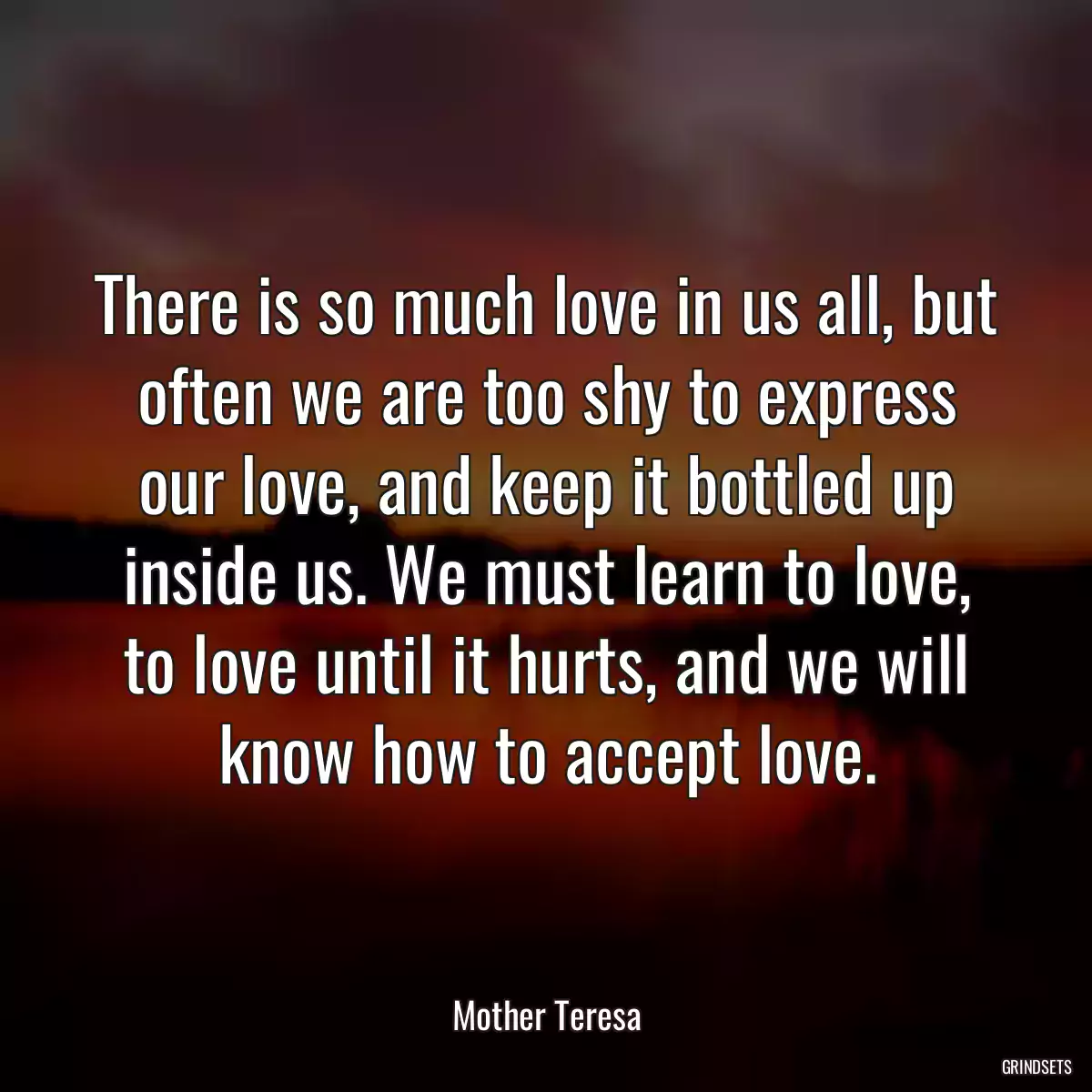 There is so much love in us all, but often we are too shy to express our love, and keep it bottled up inside us. We must learn to love, to love until it hurts, and we will know how to accept love.