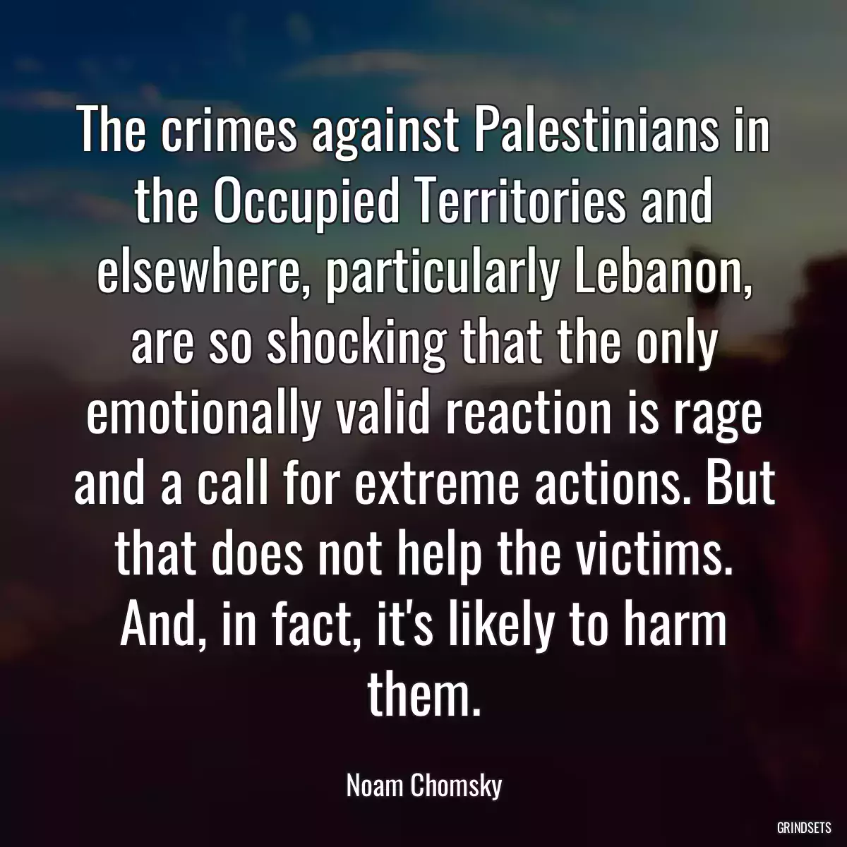 The crimes against Palestinians in the Occupied Territories and elsewhere, particularly Lebanon, are so shocking that the only emotionally valid reaction is rage and a call for extreme actions. But that does not help the victims. And, in fact, it\'s likely to harm them.