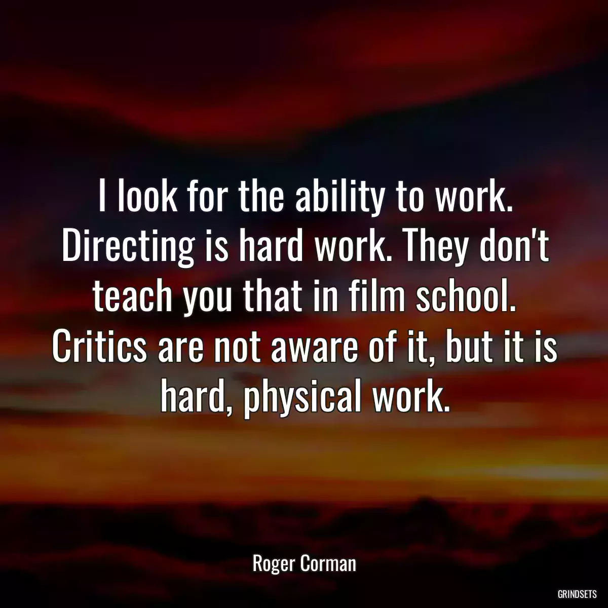 I look for the ability to work. Directing is hard work. They don\'t teach you that in film school. Critics are not aware of it, but it is hard, physical work.