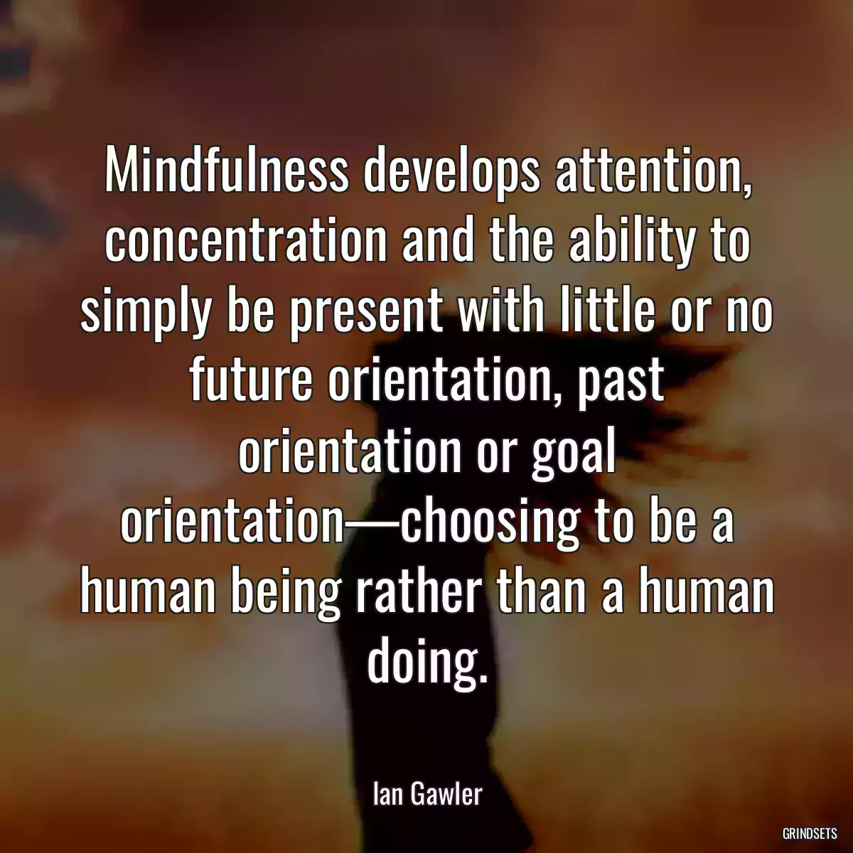 Mindfulness develops attention, concentration and the ability to simply be present with little or no future orientation, past orientation or goal orientation—choosing to be a human being rather than a human doing.