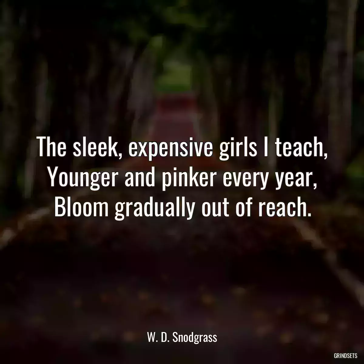 The sleek, expensive girls I teach,
Younger and pinker every year,
Bloom gradually out of reach.