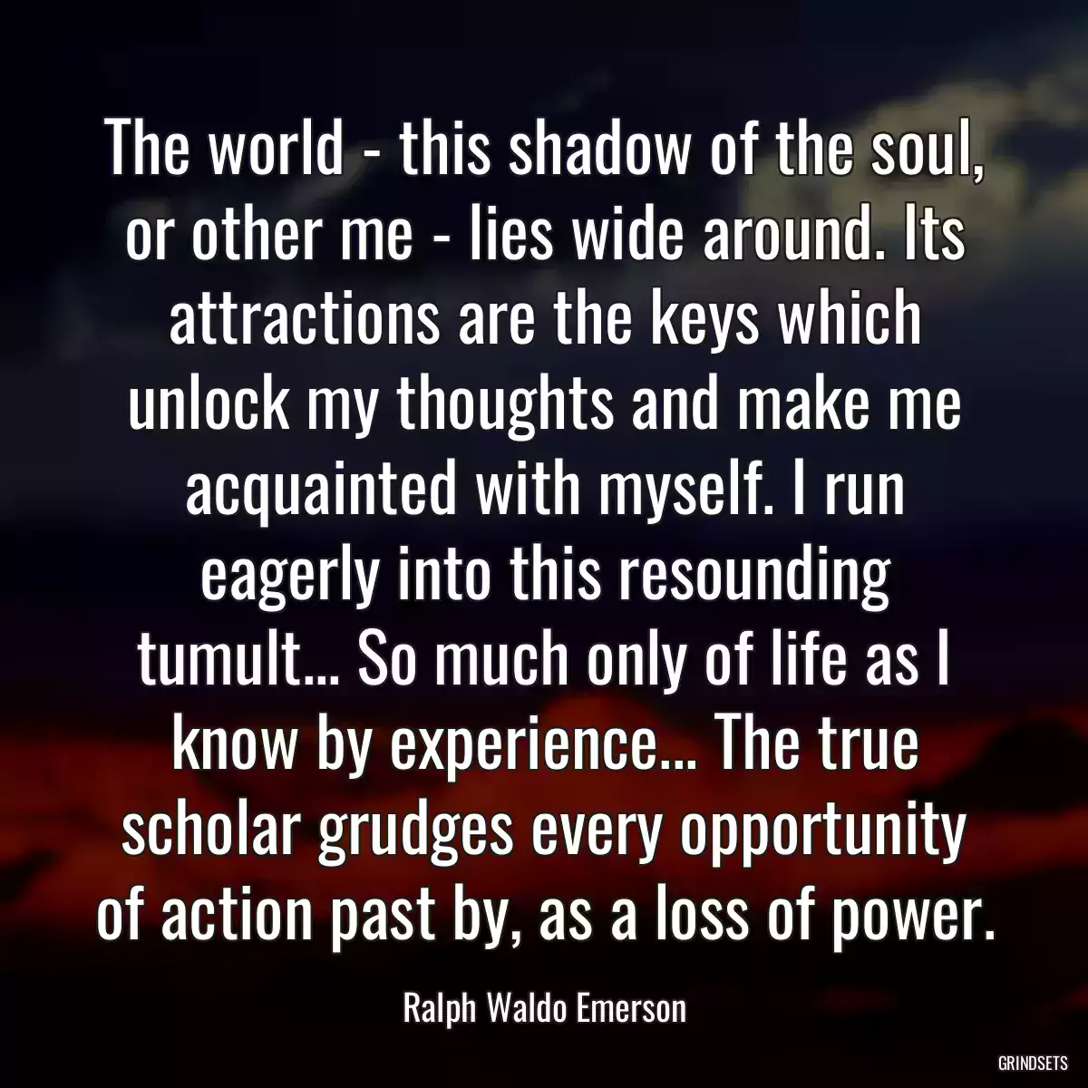 The world - this shadow of the soul, or other me - lies wide around. Its attractions are the keys which unlock my thoughts and make me acquainted with myself. I run eagerly into this resounding tumult... So much only of life as I know by experience... The true scholar grudges every opportunity of action past by, as a loss of power.