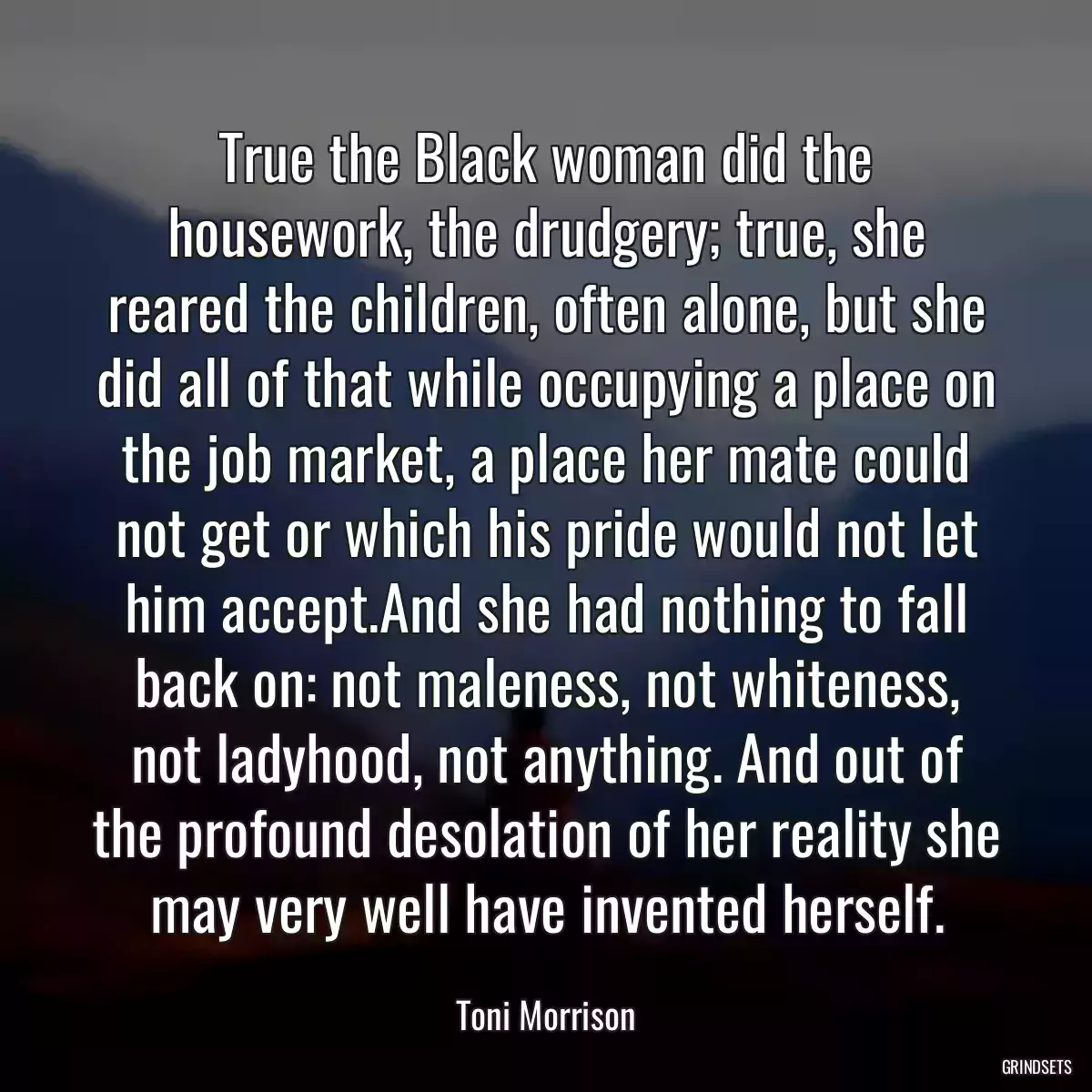 True the Black woman did the housework, the drudgery; true, she reared the children, often alone, but she did all of that while occupying a place on the job market, a place her mate could not get or which his pride would not let him accept.And she had nothing to fall back on: not maleness, not whiteness, not ladyhood, not anything. And out of the profound desolation of her reality she may very well have invented herself.