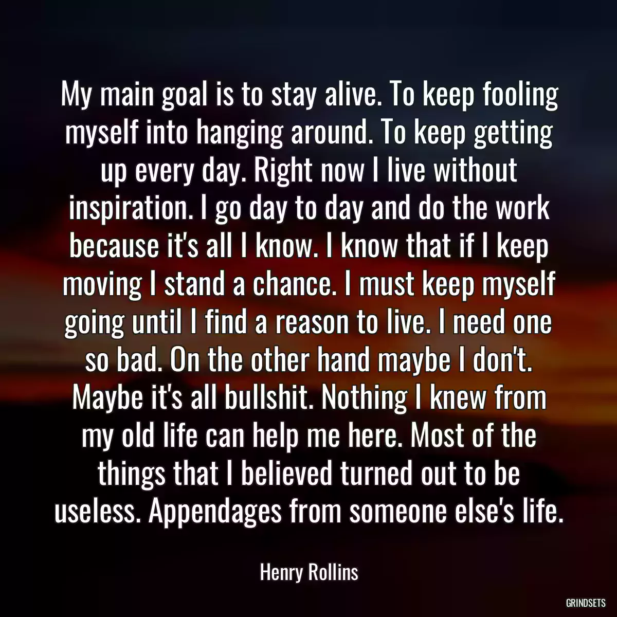 My main goal is to stay alive. To keep fooling myself into hanging around. To keep getting up every day. Right now I live without inspiration. I go day to day and do the work because it\'s all I know. I know that if I keep moving I stand a chance. I must keep myself going until I find a reason to live. I need one so bad. On the other hand maybe I don\'t. Maybe it\'s all bullshit. Nothing I knew from my old life can help me here. Most of the things that I believed turned out to be useless. Appendages from someone else\'s life.