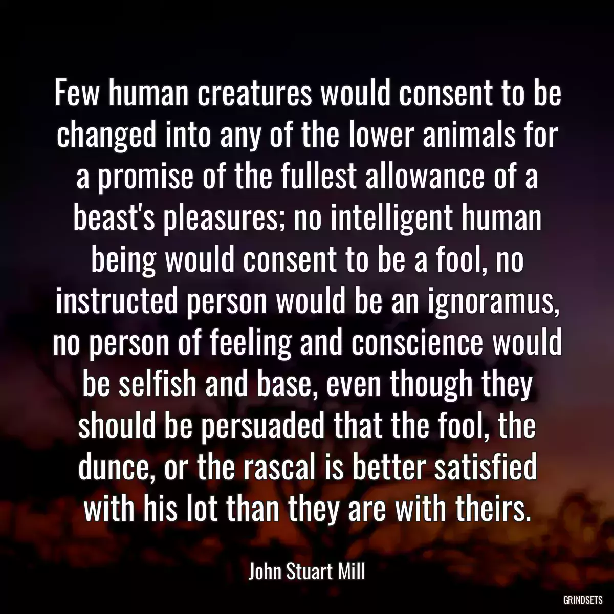 Few human creatures would consent to be changed into any of the lower animals for a promise of the fullest allowance of a beast\'s pleasures; no intelligent human being would consent to be a fool, no instructed person would be an ignoramus, no person of feeling and conscience would be selfish and base, even though they should be persuaded that the fool, the dunce, or the rascal is better satisfied with his lot than they are with theirs.