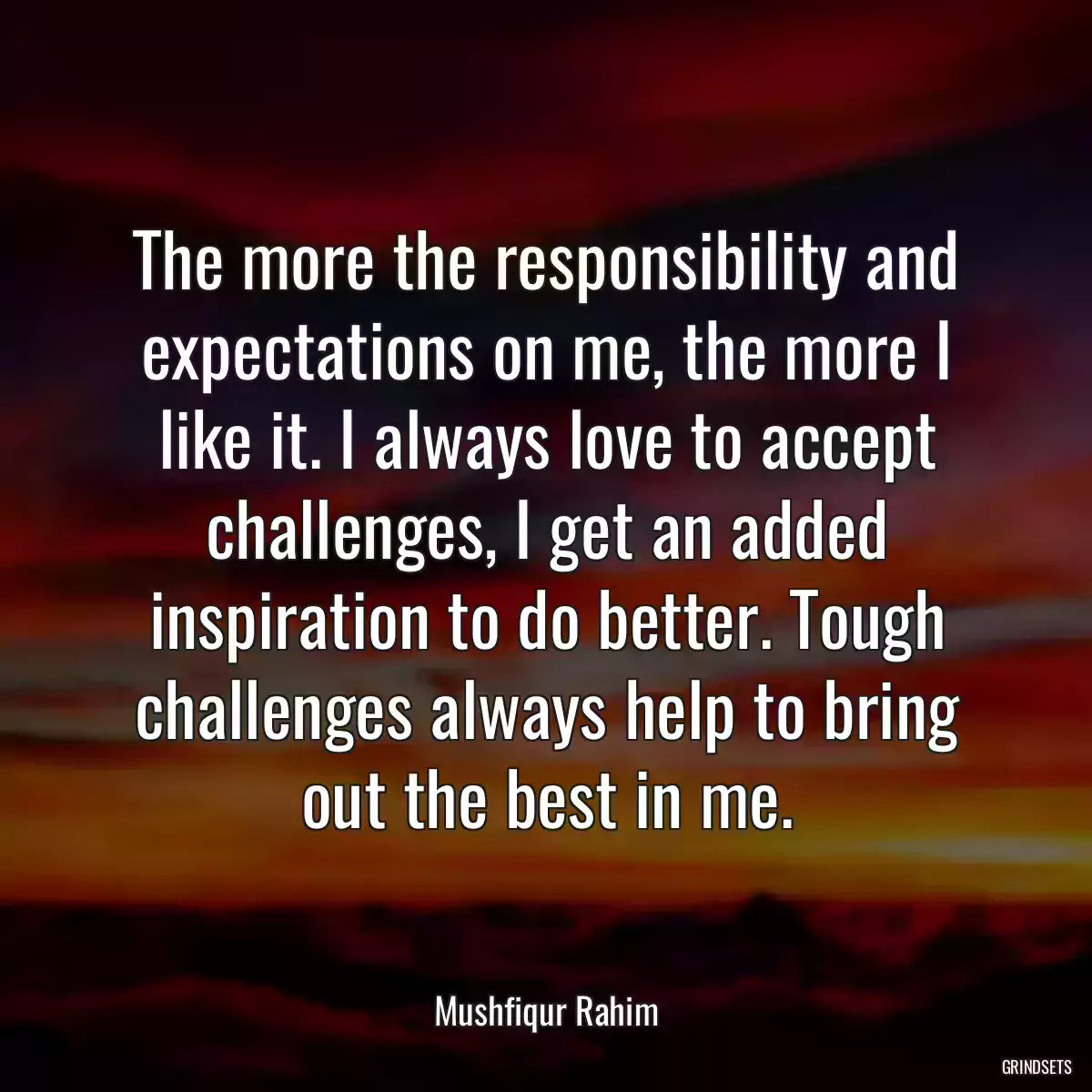 The more the responsibility and expectations on me, the more I like it. I always love to accept challenges, I get an added inspiration to do better. Tough challenges always help to bring out the best in me.