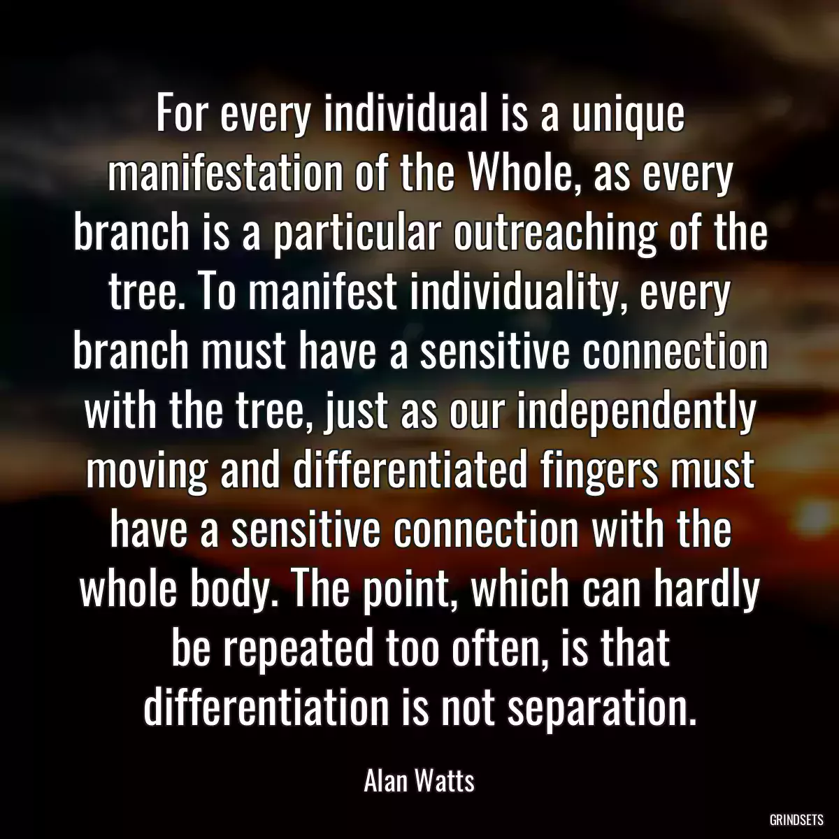 For every individual is a unique manifestation of the Whole, as every branch is a particular outreaching of the tree. To manifest individuality, every branch must have a sensitive connection with the tree, just as our independently moving and differentiated fingers must have a sensitive connection with the whole body. The point, which can hardly be repeated too often, is that differentiation is not separation.