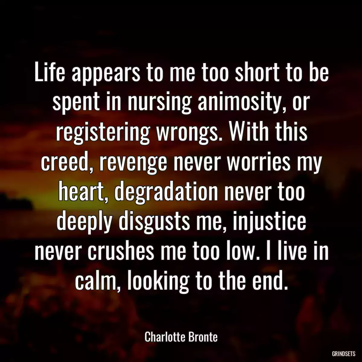 Life appears to me too short to be spent in nursing animosity, or registering wrongs. With this creed, revenge never worries my heart, degradation never too deeply disgusts me, injustice never crushes me too low. I live in calm, looking to the end.