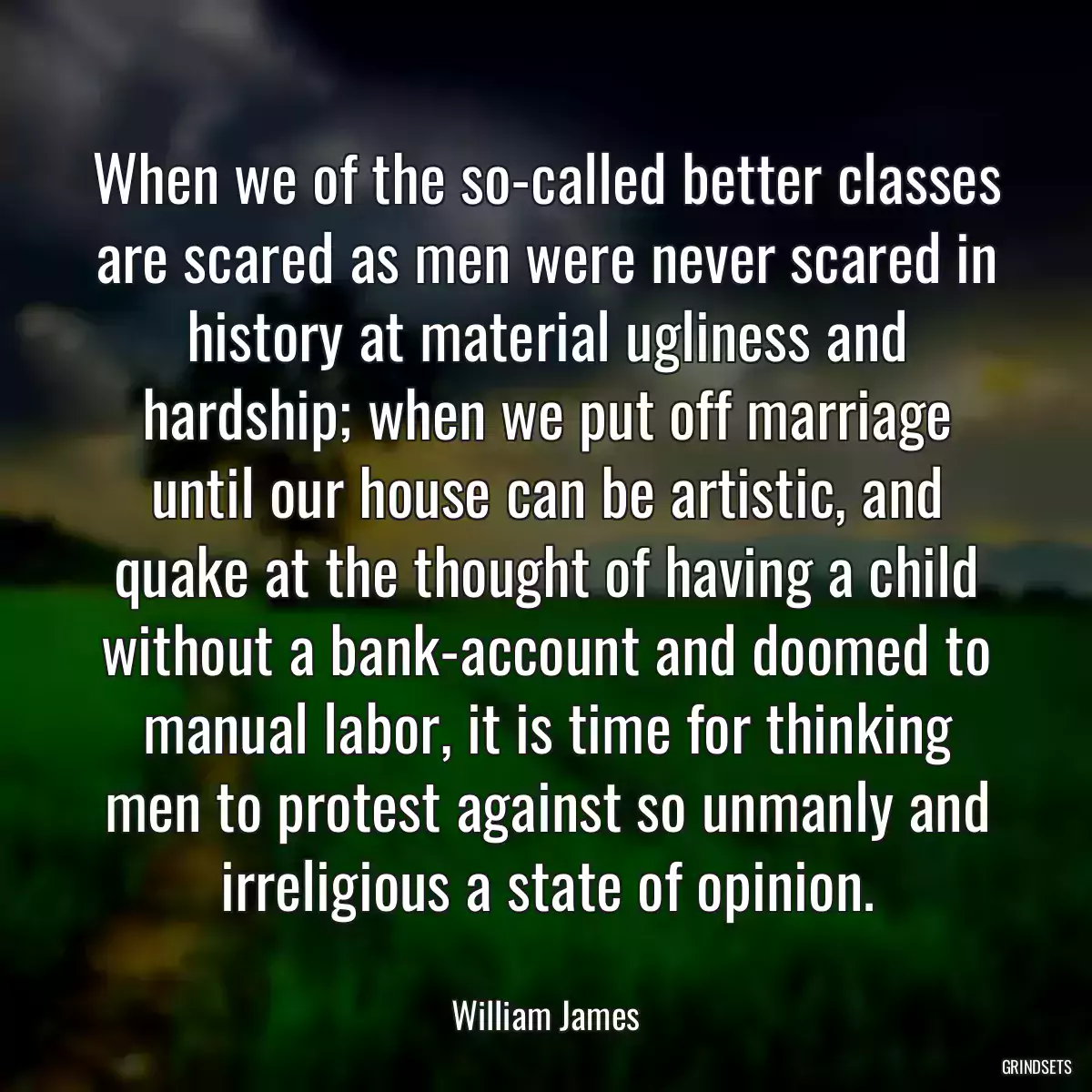 When we of the so-called better classes are scared as men were never scared in history at material ugliness and hardship; when we put off marriage until our house can be artistic, and quake at the thought of having a child without a bank-account and doomed to manual labor, it is time for thinking men to protest against so unmanly and irreligious a state of opinion.