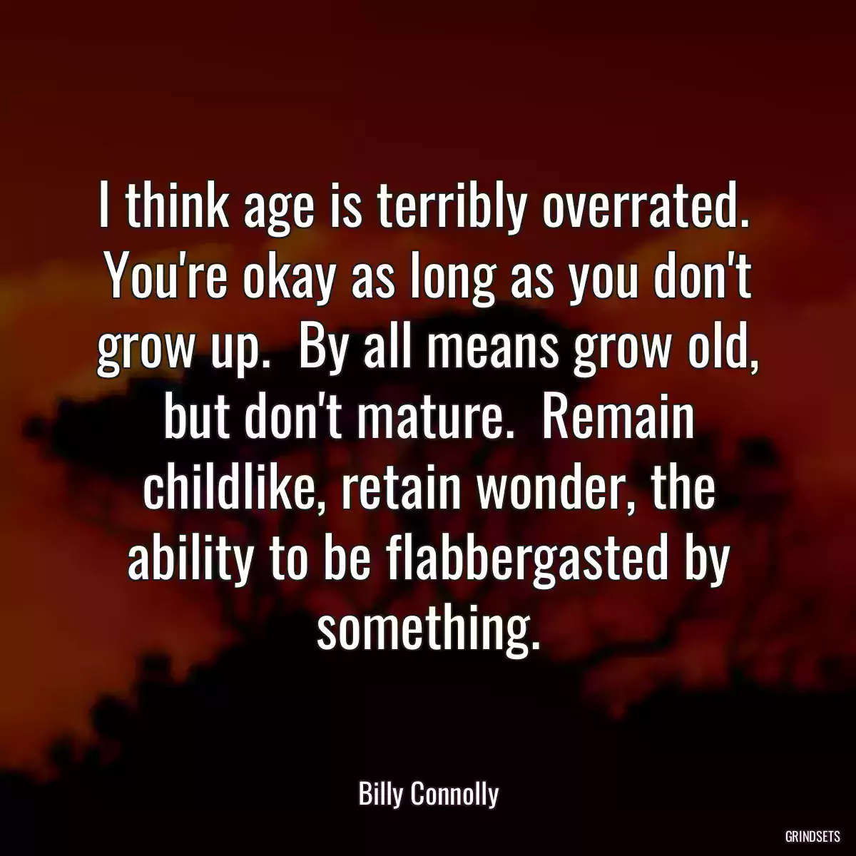 I think age is terribly overrated.  You\'re okay as long as you don\'t grow up.  By all means grow old, but don\'t mature.  Remain childlike, retain wonder, the ability to be flabbergasted by something.