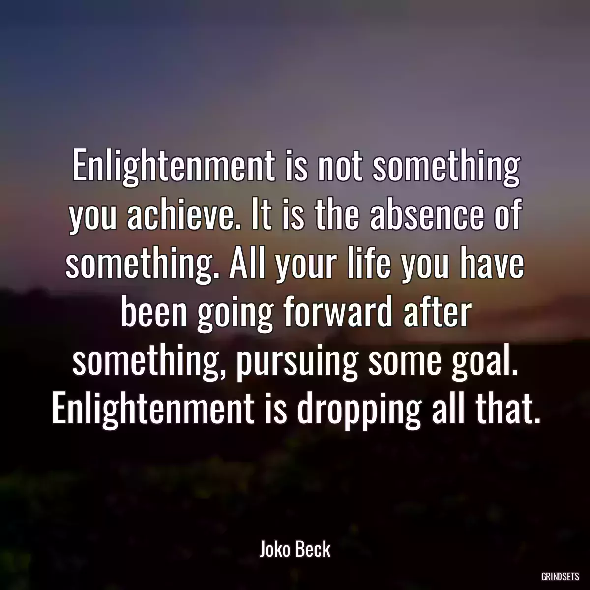 Enlightenment is not something you achieve. It is the absence of something. All your life you have been going forward after something, pursuing some goal. Enlightenment is dropping all that.