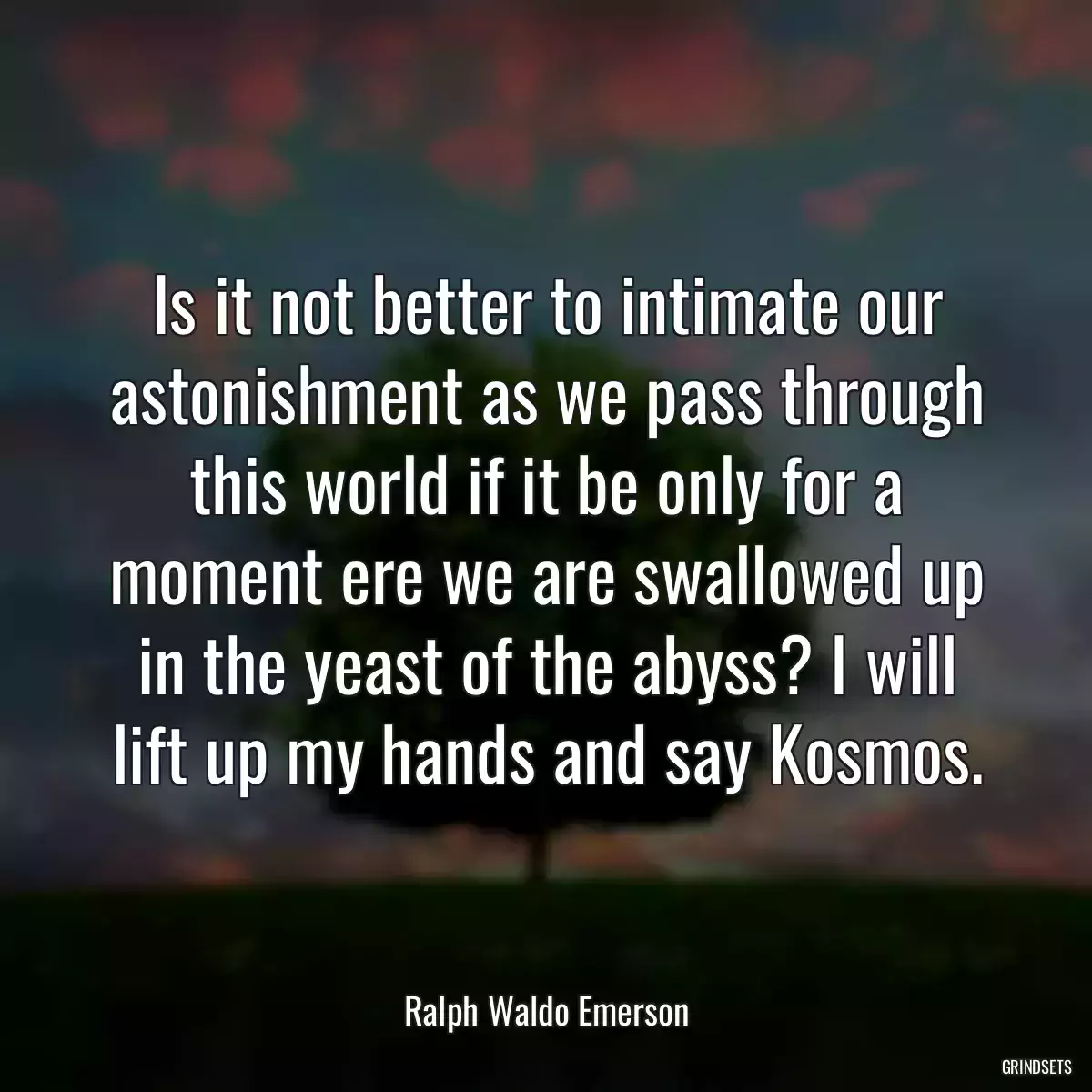 Is it not better to intimate our astonishment as we pass through this world if it be only for a moment ere we are swallowed up in the yeast of the abyss? I will lift up my hands and say Kosmos.