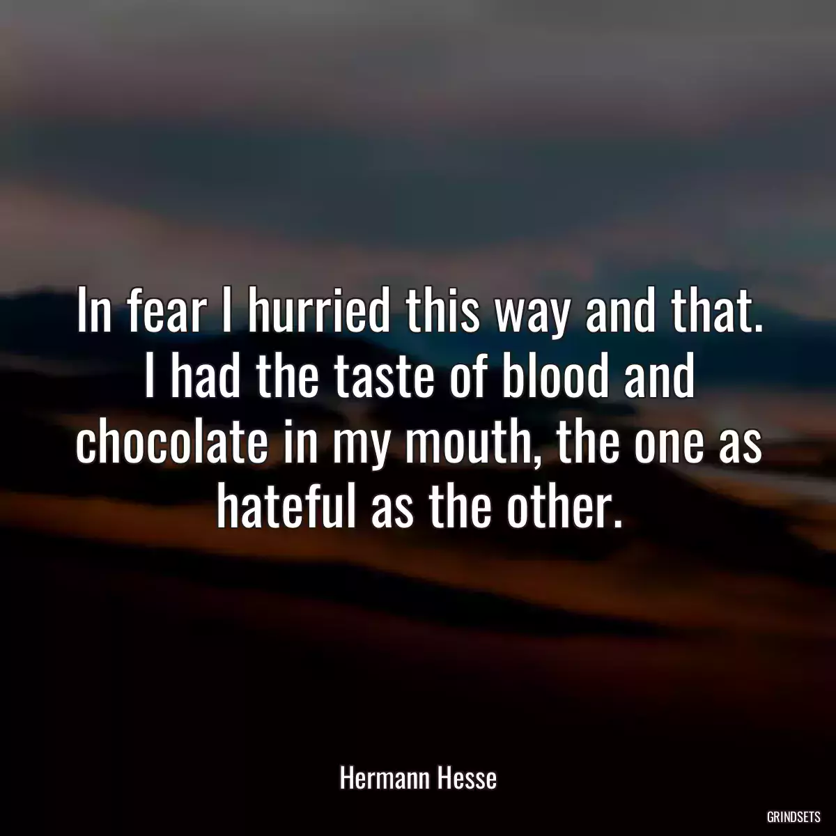 In fear I hurried this way and that. I had the taste of blood and chocolate in my mouth, the one as hateful as the other.