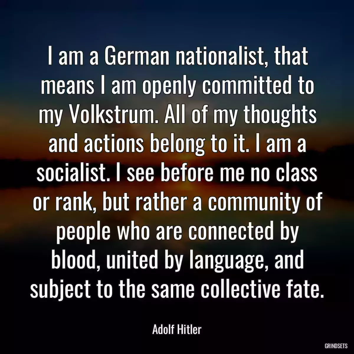 I am a German nationalist, that means I am openly committed to my Volkstrum. All of my thoughts and actions belong to it. I am a socialist. I see before me no class or rank, but rather a community of people who are connected by blood, united by language, and subject to the same collective fate.