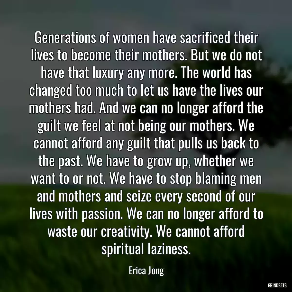 Generations of women have sacrificed their lives to become their mothers. But we do not have that luxury any more. The world has changed too much to let us have the lives our mothers had. And we can no longer afford the guilt we feel at not being our mothers. We cannot afford any guilt that pulls us back to the past. We have to grow up, whether we want to or not. We have to stop blaming men and mothers and seize every second of our lives with passion. We can no longer afford to waste our creativity. We cannot afford spiritual laziness.