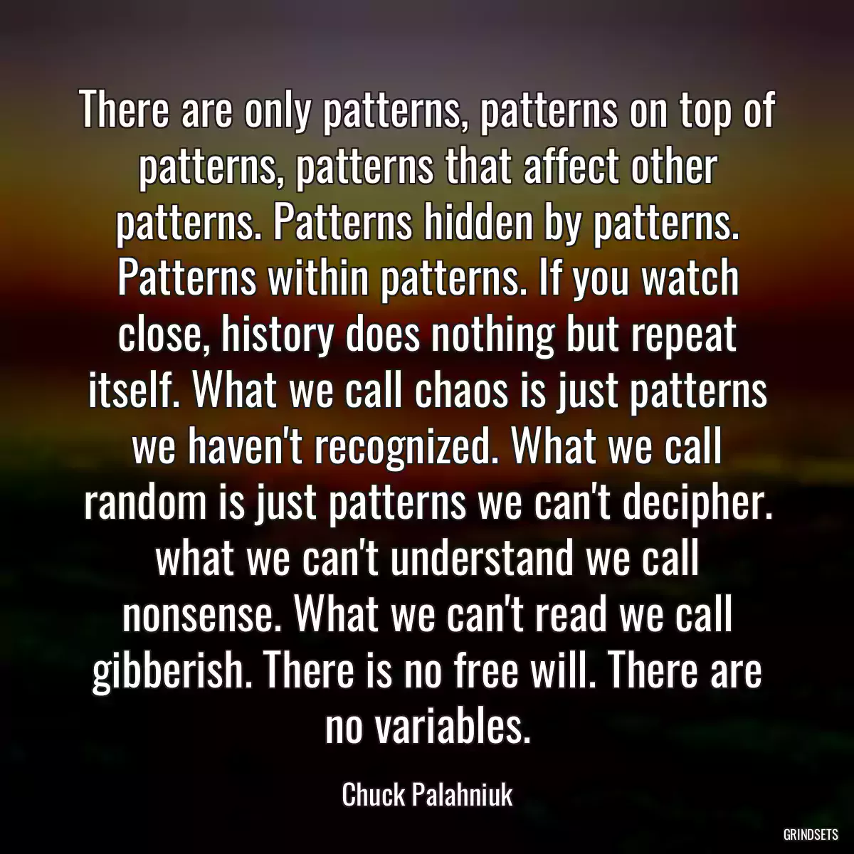 There are only patterns, patterns on top of patterns, patterns that affect other patterns. Patterns hidden by patterns. Patterns within patterns. If you watch close, history does nothing but repeat itself. What we call chaos is just patterns we haven\'t recognized. What we call random is just patterns we can\'t decipher. what we can\'t understand we call nonsense. What we can\'t read we call gibberish. There is no free will. There are no variables.