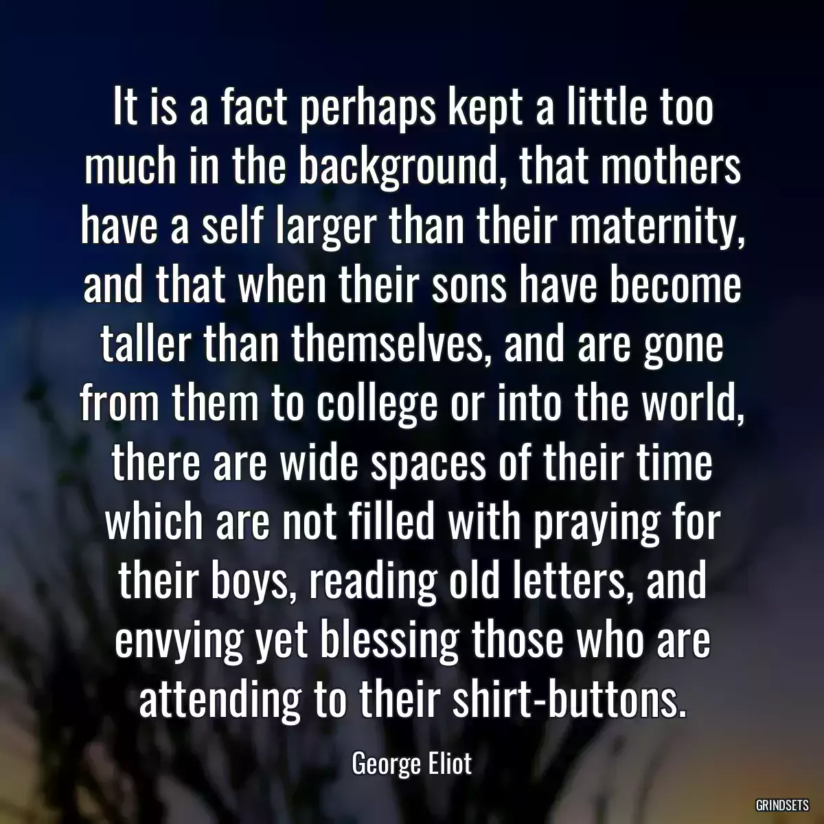 It is a fact perhaps kept a little too much in the background, that mothers have a self larger than their maternity, and that when their sons have become taller than themselves, and are gone from them to college or into the world, there are wide spaces of their time which are not filled with praying for their boys, reading old letters, and envying yet blessing those who are attending to their shirt-buttons.