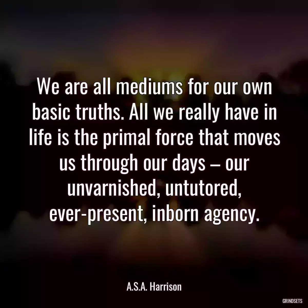 We are all mediums for our own basic truths. All we really have in life is the primal force that moves us through our days – our unvarnished, untutored, ever-present, inborn agency.