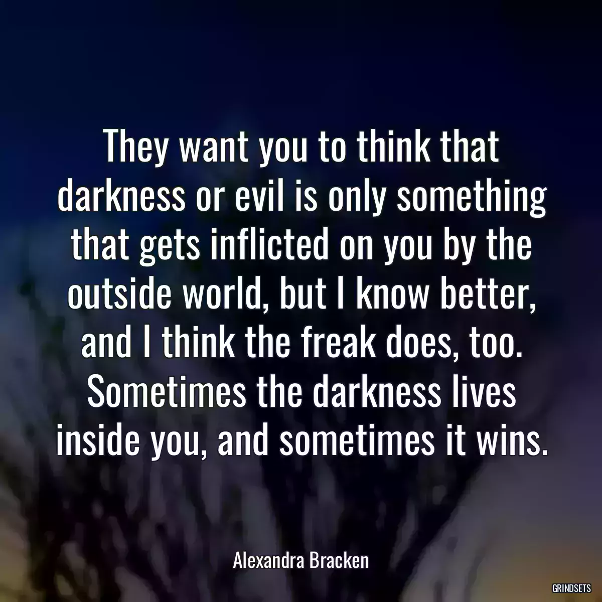 They want you to think that darkness or evil is only something that gets inflicted on you by the outside world, but I know better, and I think the freak does, too. Sometimes the darkness lives inside you, and sometimes it wins.