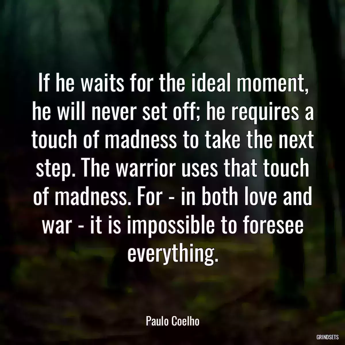 If he waits for the ideal moment, he will never set off; he requires a touch of madness to take the next step. The warrior uses that touch of madness. For - in both love and war - it is impossible to foresee everything.