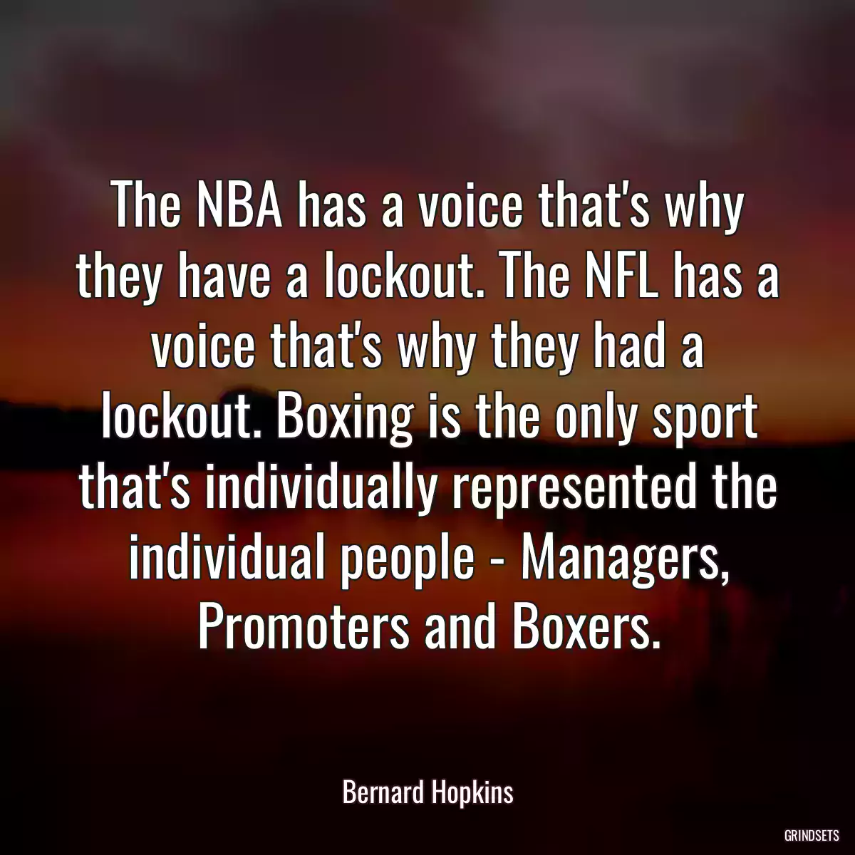 The NBA has a voice that\'s why they have a lockout. The NFL has a voice that\'s why they had a lockout. Boxing is the only sport that\'s individually represented the individual people - Managers, Promoters and Boxers.