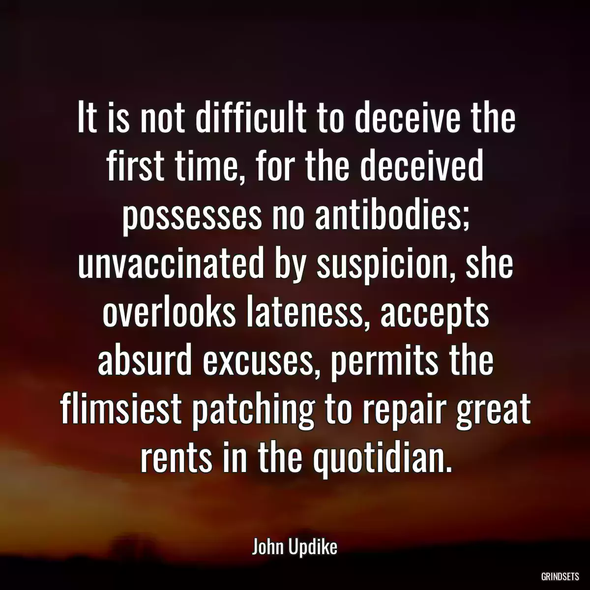 It is not difficult to deceive the first time, for the deceived possesses no antibodies; unvaccinated by suspicion, she overlooks lateness, accepts absurd excuses, permits the flimsiest patching to repair great rents in the quotidian.