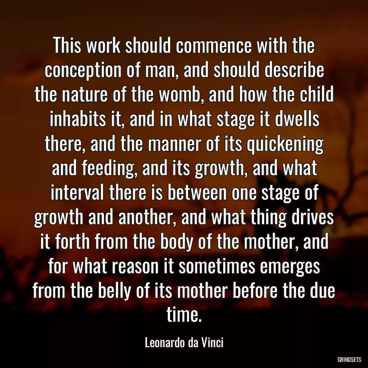 This work should commence with the conception of man, and should describe the nature of the womb, and how the child inhabits it, and in what stage it dwells there, and the manner of its quickening and feeding, and its growth, and what interval there is between one stage of growth and another, and what thing drives it forth from the body of the mother, and for what reason it sometimes emerges from the belly of its mother before the due time.