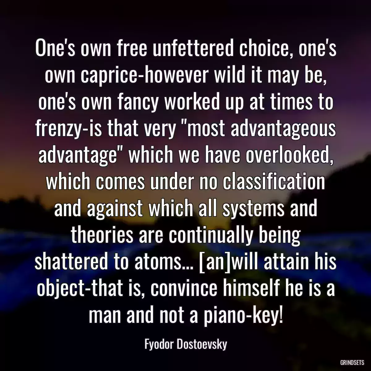 One\'s own free unfettered choice, one\'s own caprice-however wild it may be, one\'s own fancy worked up at times to frenzy-is that very \