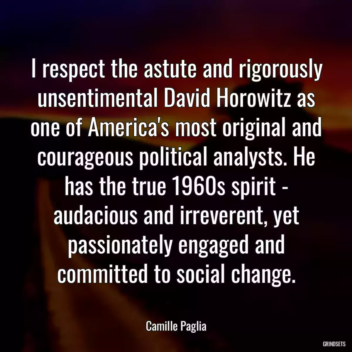 I respect the astute and rigorously unsentimental David Horowitz as one of America\'s most original and courageous political analysts. He has the true 1960s spirit - audacious and irreverent, yet passionately engaged and committed to social change.