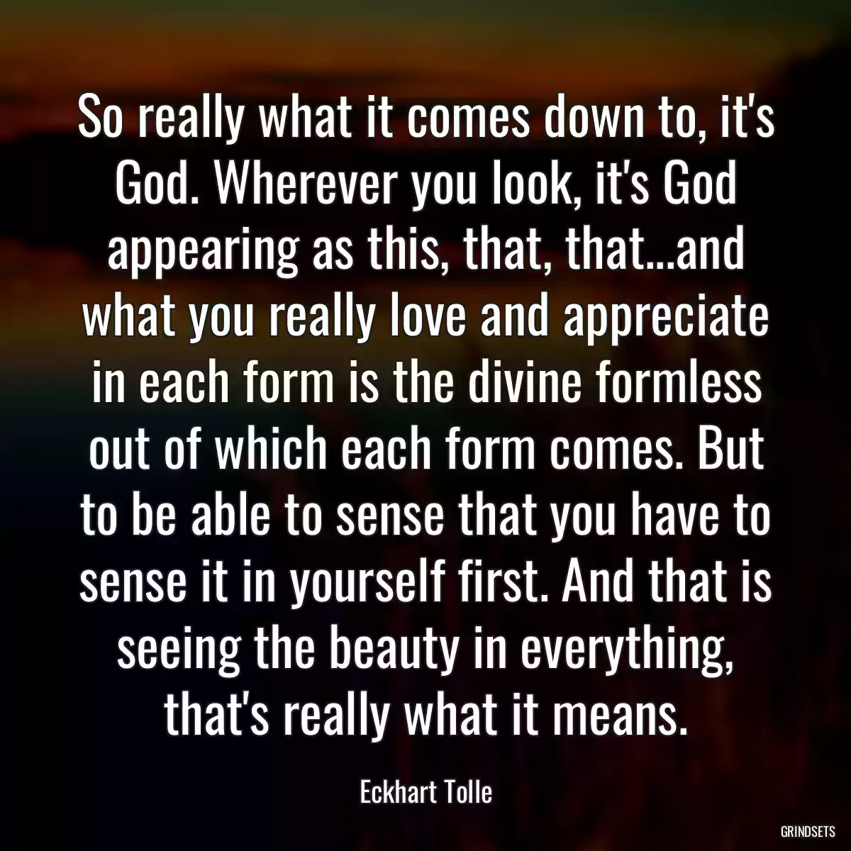 So really what it comes down to, it\'s God. Wherever you look, it\'s God appearing as this, that, that...and what you really love and appreciate in each form is the divine formless out of which each form comes. But to be able to sense that you have to sense it in yourself first. And that is seeing the beauty in everything, that\'s really what it means.