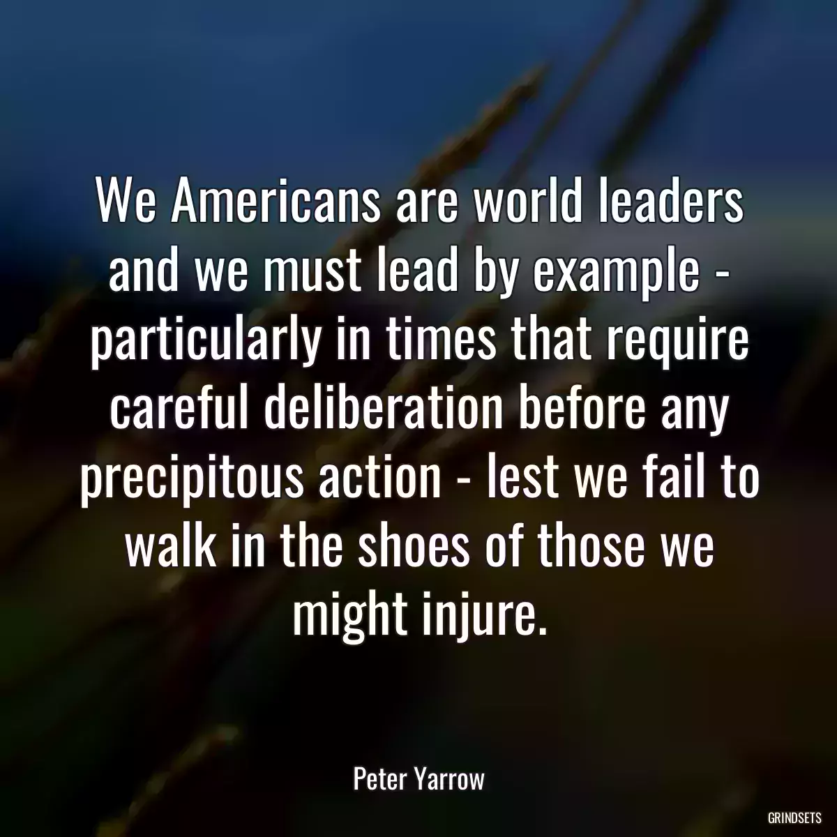 We Americans are world leaders and we must lead by example - particularly in times that require careful deliberation before any precipitous action - lest we fail to walk in the shoes of those we might injure.