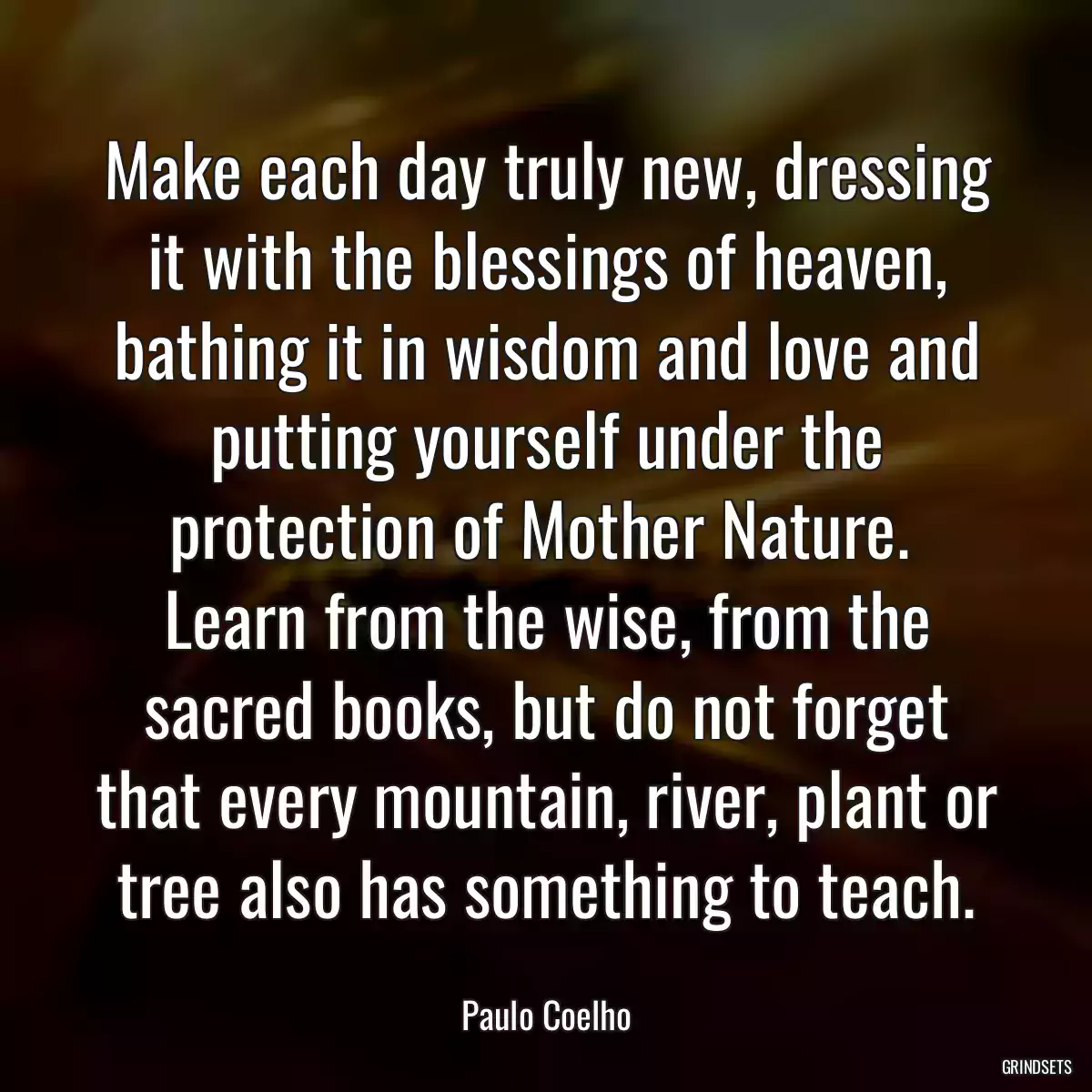 Make each day truly new, dressing it with the blessings of heaven, bathing it in wisdom and love and putting yourself under the protection of Mother Nature.  Learn from the wise, from the sacred books, but do not forget that every mountain, river, plant or tree also has something to teach.