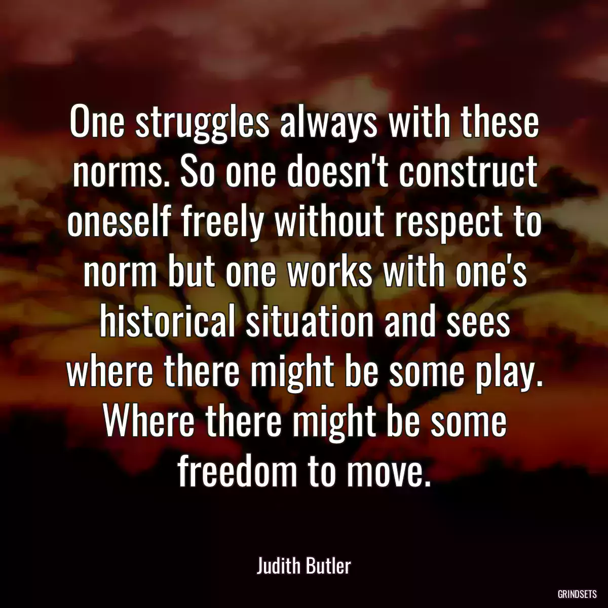 One struggles always with these norms. So one doesn\'t construct oneself freely without respect to norm but one works with one\'s historical situation and sees where there might be some play. Where there might be some freedom to move.