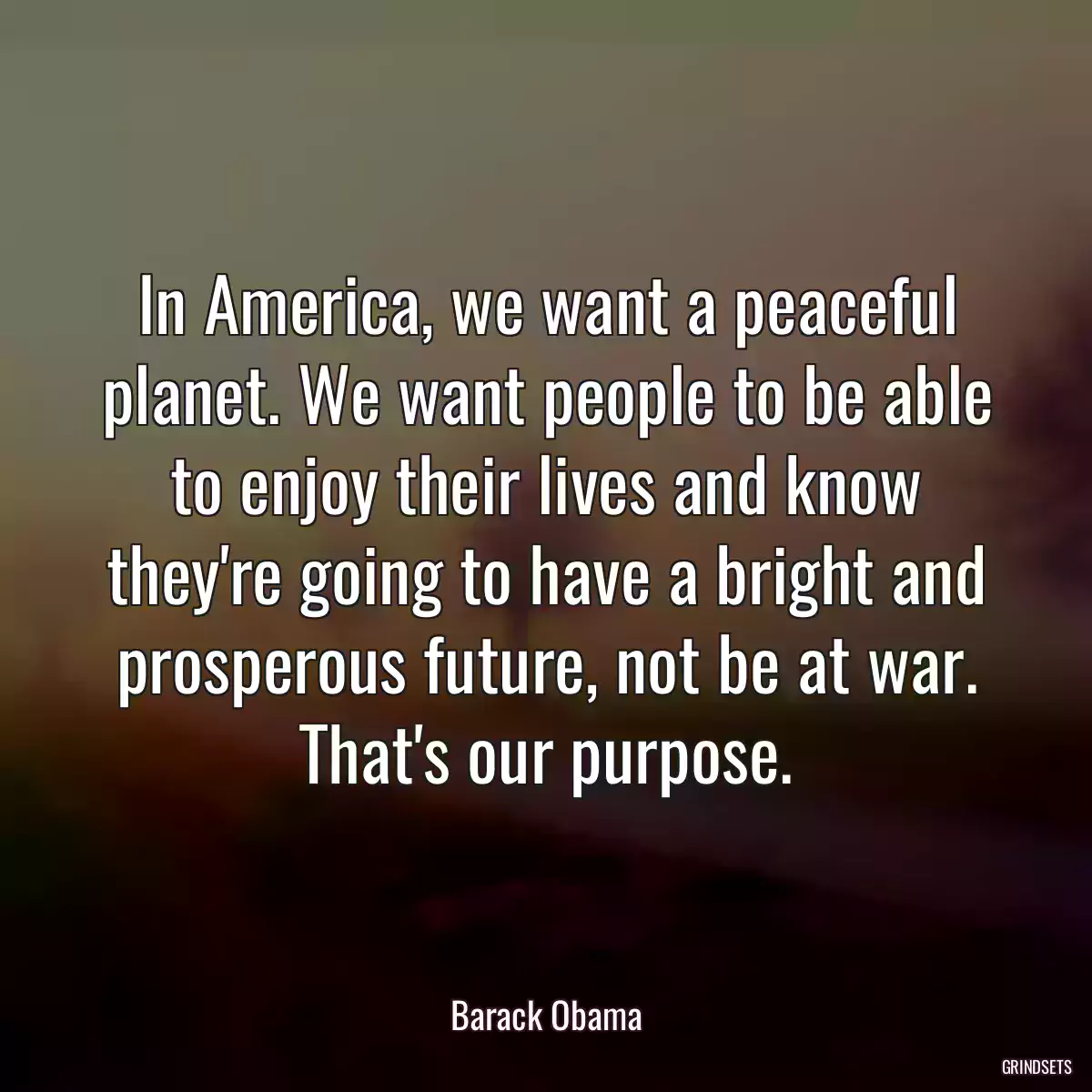 In America, we want a peaceful planet. We want people to be able to enjoy their lives and know they\'re going to have a bright and prosperous future, not be at war. That\'s our purpose.