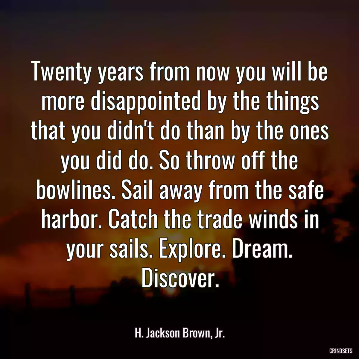 Twenty years from now you will be more disappointed by the things that you didn\'t do than by the ones you did do. So throw off the bowlines. Sail away from the safe harbor. Catch the trade winds in your sails. Explore. Dream. Discover.