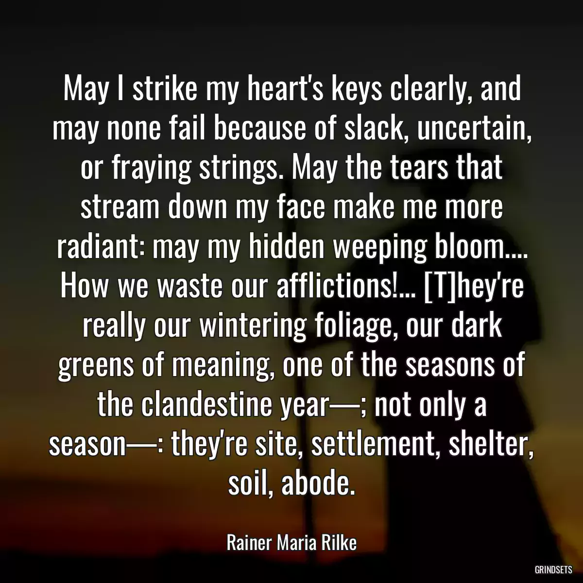 May I strike my heart\'s keys clearly, and may none fail because of slack, uncertain, or fraying strings. May the tears that stream down my face make me more radiant: may my hidden weeping bloom.... How we waste our afflictions!... [T]hey\'re really our wintering foliage, our dark greens of meaning, one of the seasons of the clandestine year—; not only a season—: they\'re site, settlement, shelter, soil, abode.