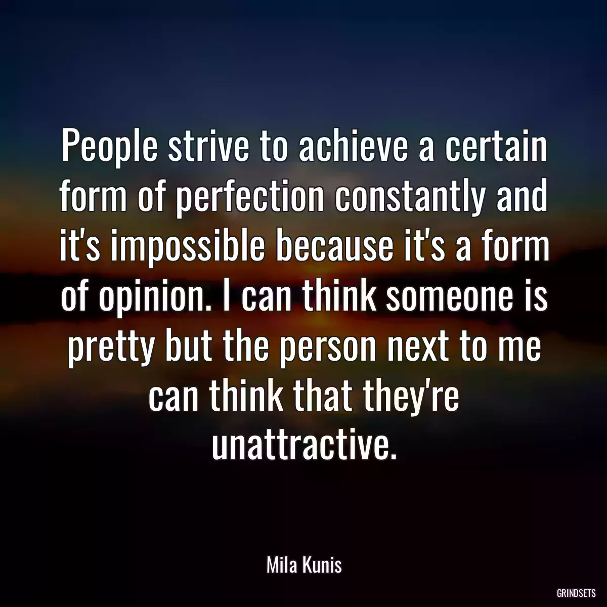 People strive to achieve a certain form of perfection constantly and it\'s impossible because it\'s a form of opinion. I can think someone is pretty but the person next to me can think that they\'re unattractive.