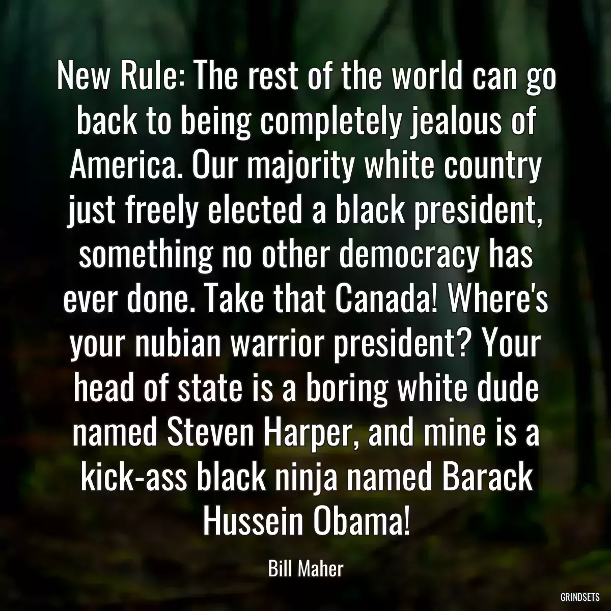 New Rule: The rest of the world can go back to being completely jealous of America. Our majority white country just freely elected a black president, something no other democracy has ever done. Take that Canada! Where\'s your nubian warrior president? Your head of state is a boring white dude named Steven Harper, and mine is a kick-ass black ninja named Barack Hussein Obama!